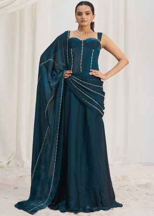 Teal Blue Pre-Stitched Hand Work Embroidered Saree