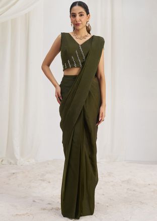 Olive Green Pre-Stitched Organza Saree
