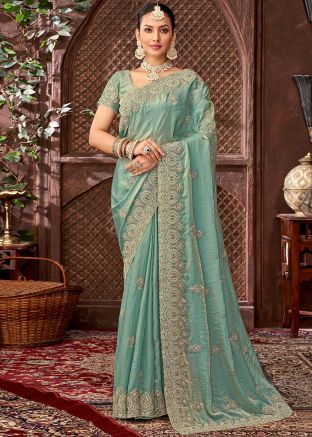 Blue Embroidered Saree In Chiffon