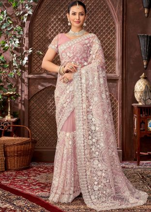 Pink Sequin Work Saree In Net