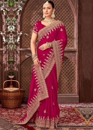 Pink Embroidered Saree In Satin