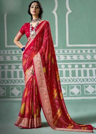 Red Bandhej Print Saree In Silk