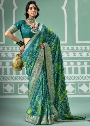 Blue Bandhej Print Silk Saree
