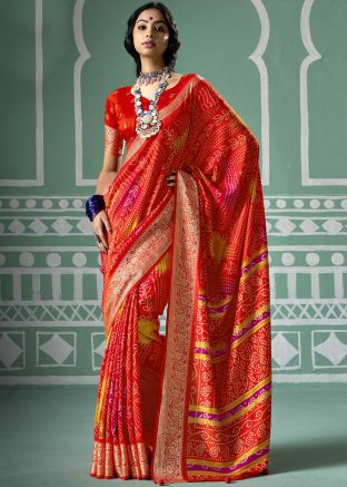Red Silk Saree In Bandhej Print