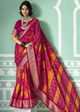 Pink Bandhej Printed Saree In Silk