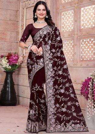Wine Georgette Saree In Resham Work