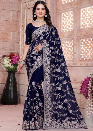 Navy Blue Georgette Saree In Resham Work