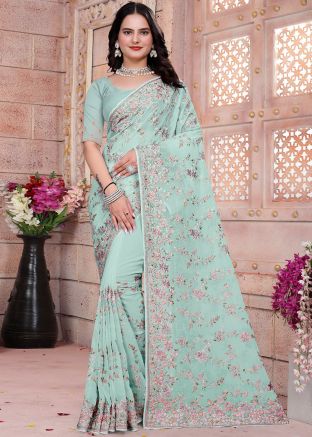 Blue Resham Embroidered Saree & Blouse