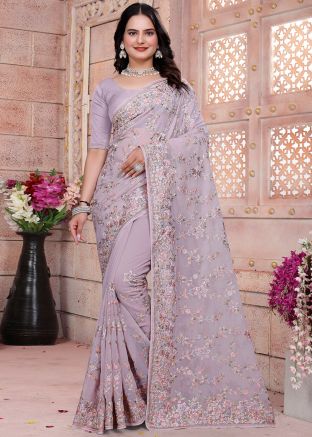 Lavender Georgette Embroidered Saree