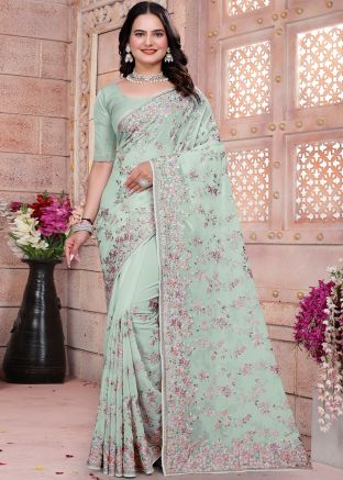 Pista Green Georgette Saree In Resham Work