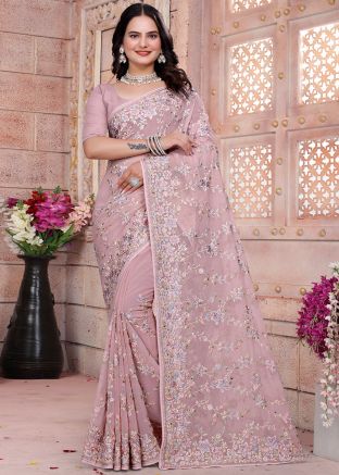 Dusty Pink Georgette Saree In Resham Work