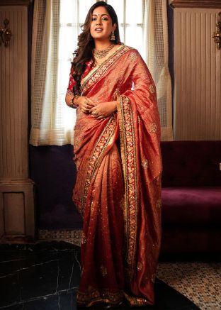 Red Embroidered Saree In Banarasi Silk