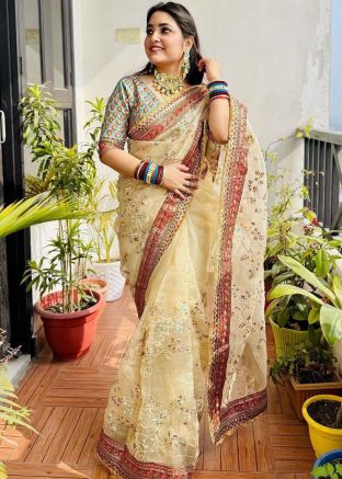 Golden Embroidered Saree In Organza