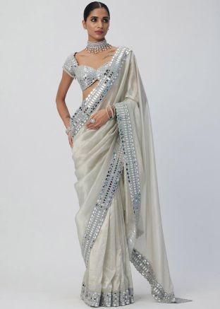 White Mirror Work Saree In Satin