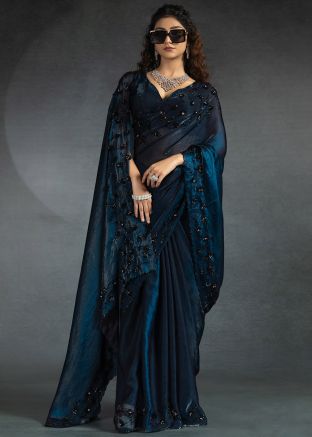 Dual Tone Teal Blue Embellished Saree