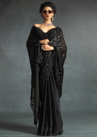 Black Applique Work Satin Saree