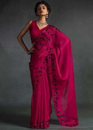 Pink Embroidered Satin Saree & Blouse