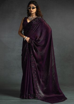 Purple Embellished Border Satin Saree