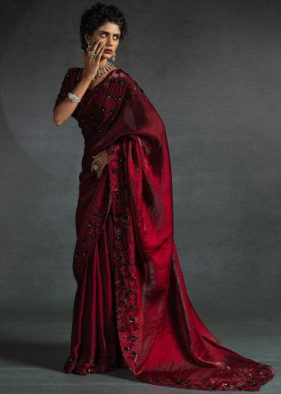Maroon Embellished Satin Saree