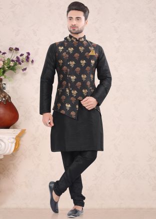 Black Asymmetric Brocade Woven Nehru Jacket