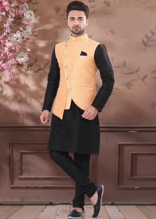 Asymmetric Woven Jacquard Nehru Jacket In Orange