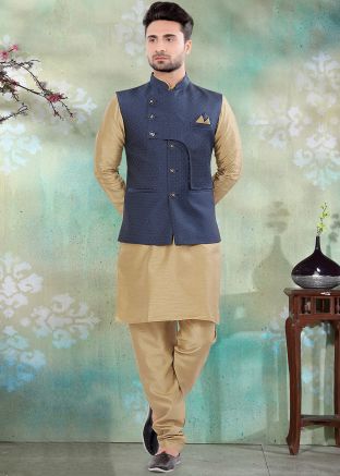 Elegant Navy Blue Woven Satin Nehru Jacket USA