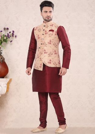 Beige Jacquard Woven Asymmetric Nehru Jacket
