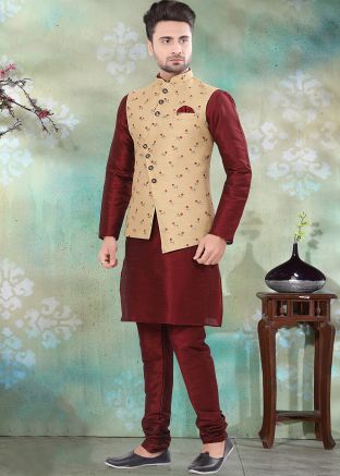 Beige Asymmetric Woven Jacquard Nehru Jacket
