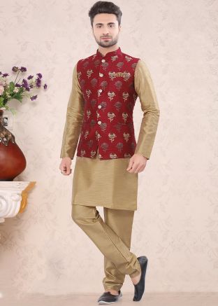 Maroon Woven Nehru Jacket In Brocade