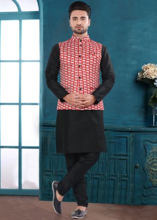 Red Elephant Print Satin Nehru Jacket