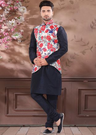 White Asymmetric Floral Printed Nehru Jacket