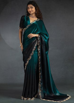 Green Embroidered Saree In Satin