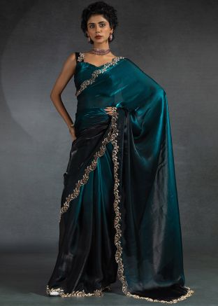Blue Embroidered Satin Saree