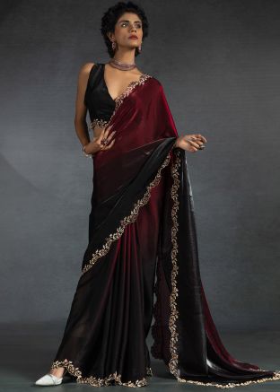 Red Embroidered Saree In Satin