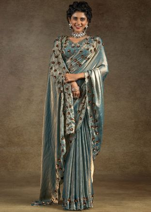 Blue Embroidered Saree In Satin