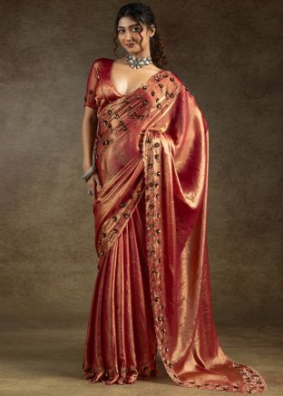 Red Embroidered Satin Saree