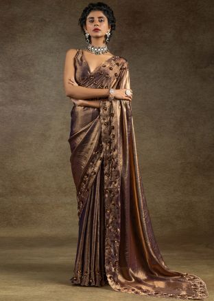 Golden Embroidered Saree In Satin