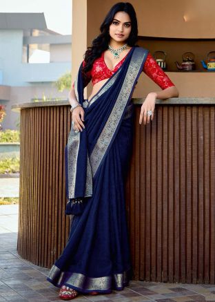 Navy Blue Zari Woven Saree In Silk