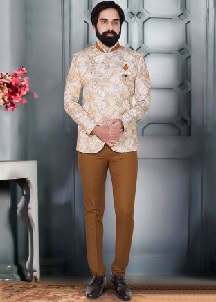 Readymade White Mens Bandhgala Jodhpuri In Jacquard