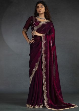 Purple Stone Embellished Satin Saree