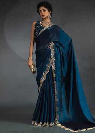 Teal Blue Stone Work Satin Saree