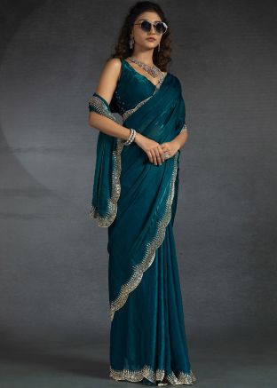 Teal Green Embellished Satin Saree