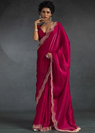 Pink Satin Saree With Embellished Border