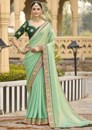 Pastel Green Embroidered Saree In Georgette