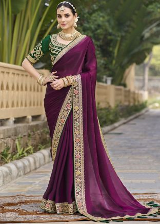 Purple Georgette Saree With Embroidered Border