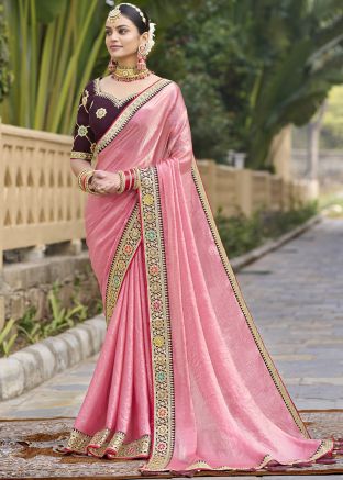 Pink Georgette Saree In Dori Work