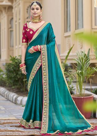 Turquoise Embroidered Border Saree