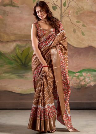 Brown Printed Saree In Dola Silk