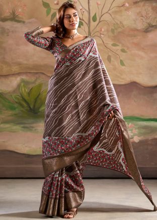 Brown Printed Saree In Dola Silk