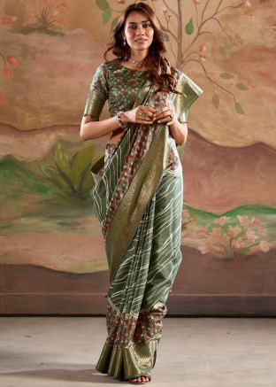 Green Printed Saree In Dola Silk